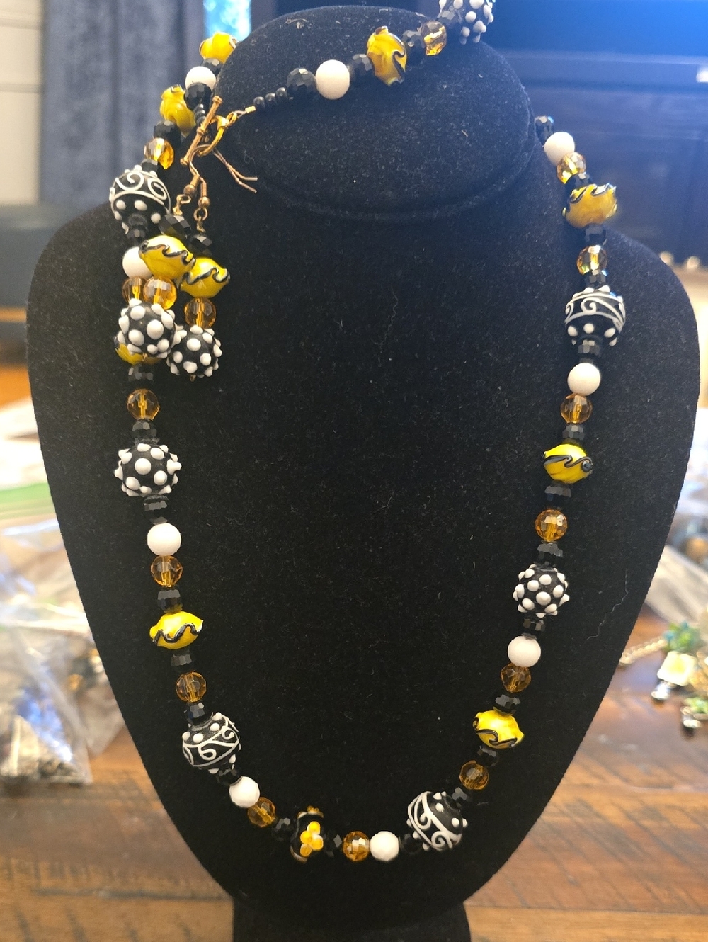 Glass Yellow and Black Beaded Necklace  With Matching Earrings And Bracelet